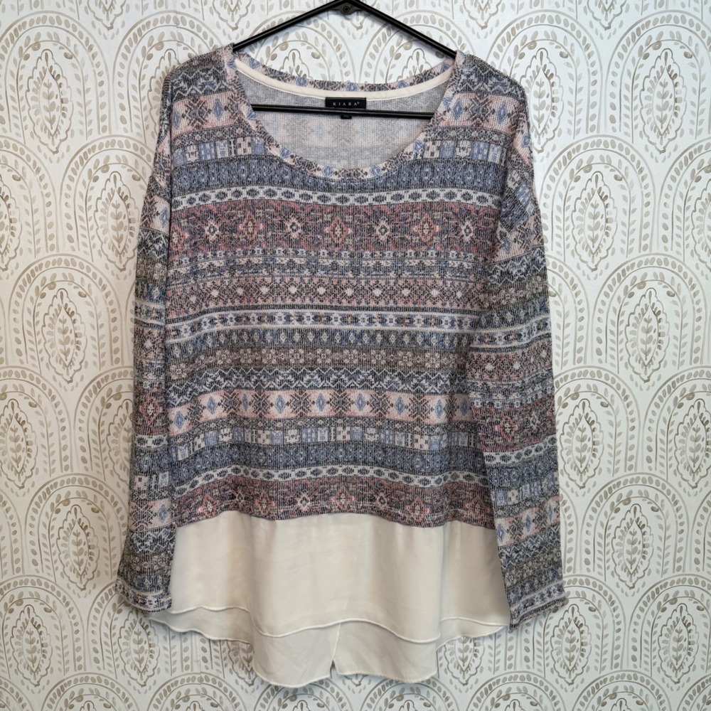 Kiara Womens XL Southwestern Fair Isle Mixed Media Layered Hem Top Sahara